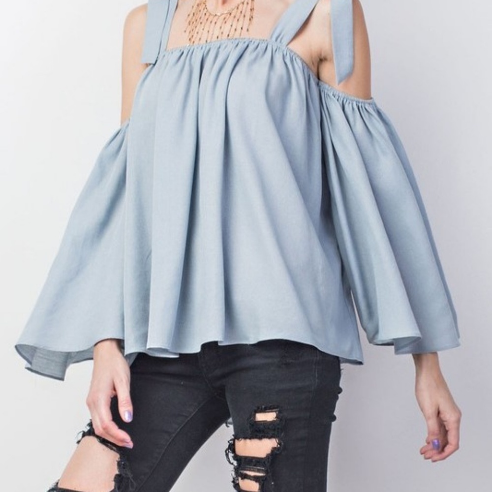 Dusty Blue Off the Shoulder Bow Tie Cold Shoulder